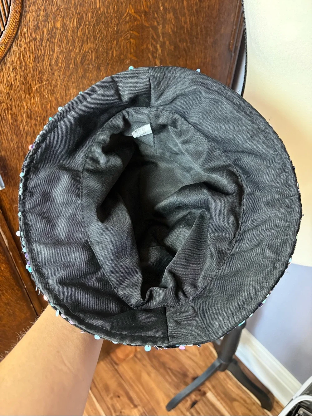 Black Sequin Bucket Hat with Iridescent Accents - Picture 4 of 6